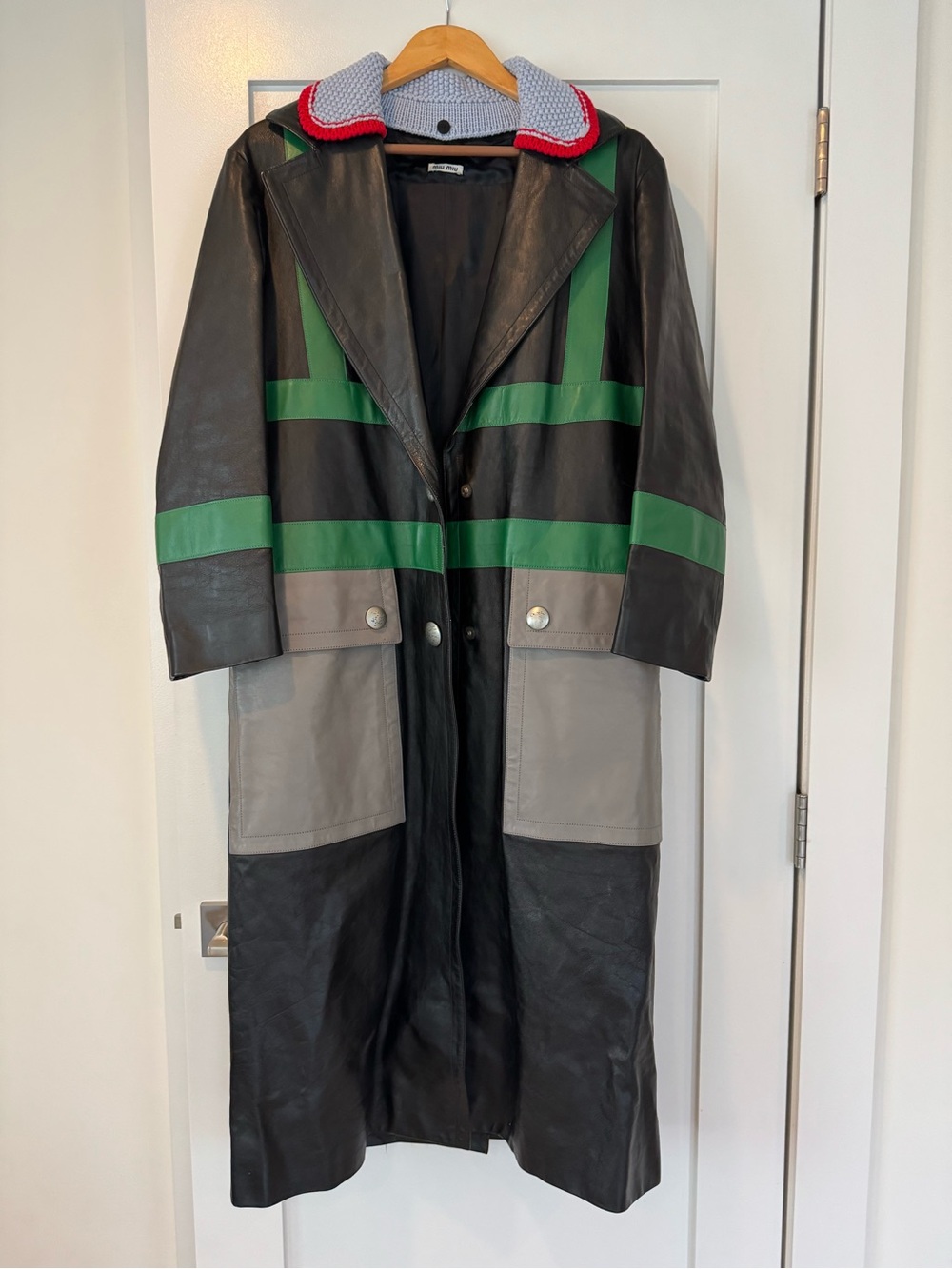 Miu Miu Black Trench Coat with Green and Gray Colorblock Details